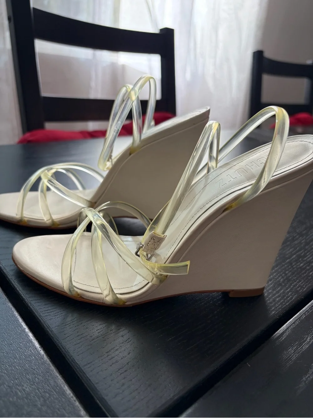 Schutz White Wedge Sandals with Clear Straps